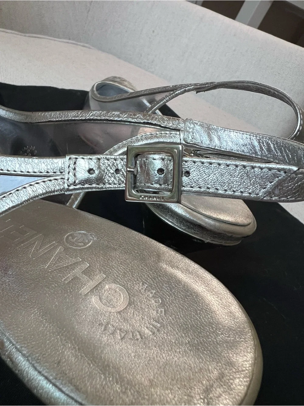 Chanel Silver Cap-Toe Slingback Ballet cat heel